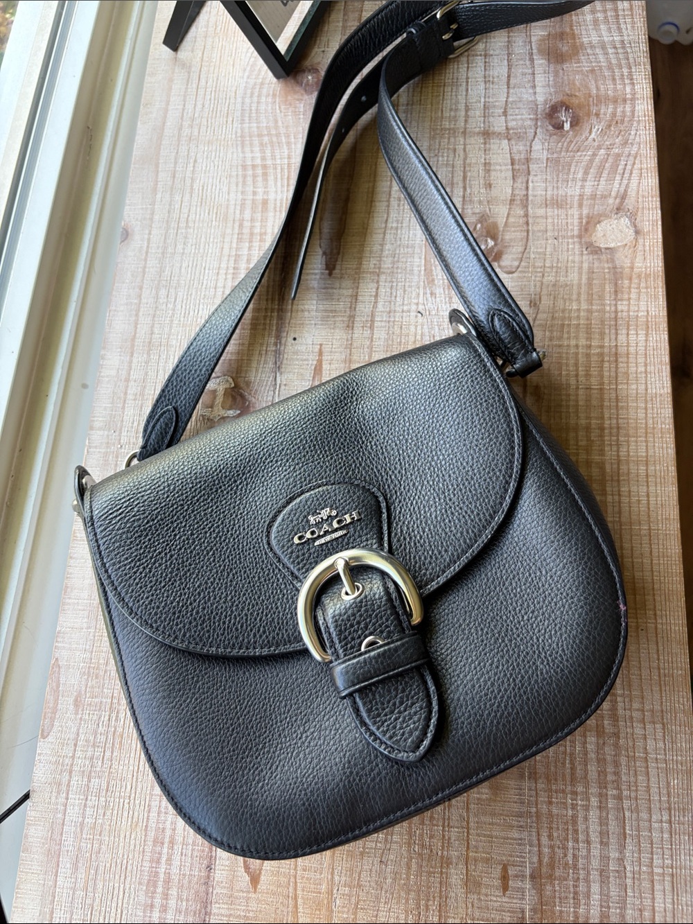 Coach Black Pebbled Leather Crossbody Saddle Bag with Gold Buckle